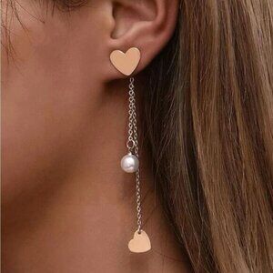 Gold Heart Faux Pearl Drop Earrings